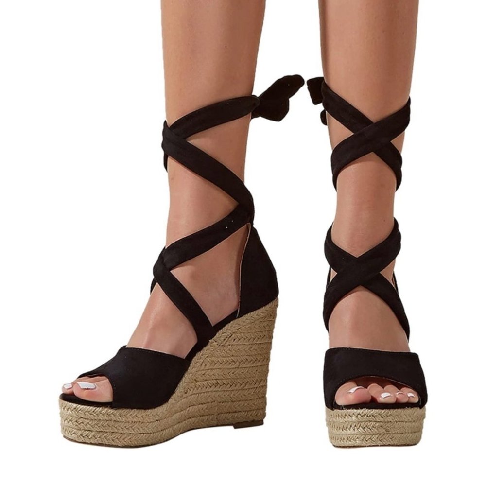 Women's Lace Up Espadrilles Wedges Sandals - Open Toe - Black - 9